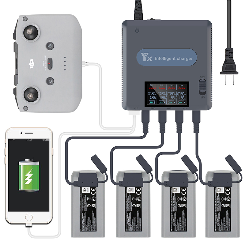 YX 4-in-1 Multi Battery Charger LED Display Intelligent Storage Fast Charging Hub AC110-240V for DJI Mini 2 RC Drone